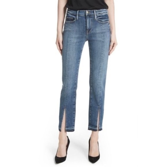 FRAME Le Nouveau Straight Jeans Size 29 Blue Ankle Slit Raw Hem High Rise EUC - Picture 2 of 12